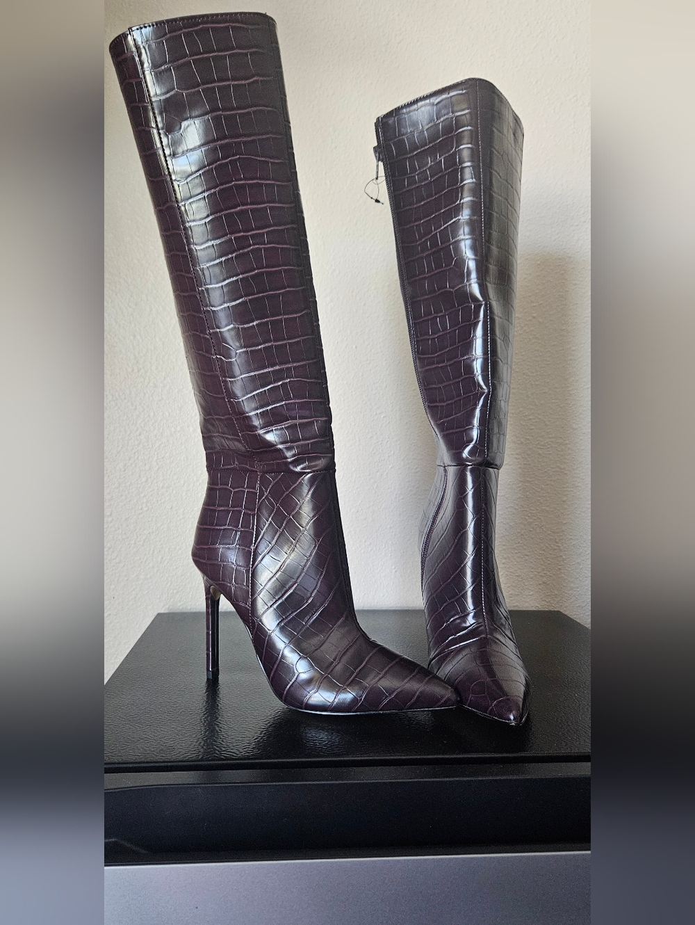Express Women's Croc-Embossed Pointed Toe Knee Boots in Deep Plum - Picture 2 of 5